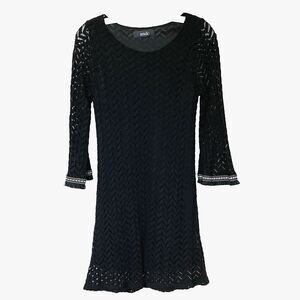 Crochet Dress Small Long Sleeve Midi Black Boho Hippie Pullover